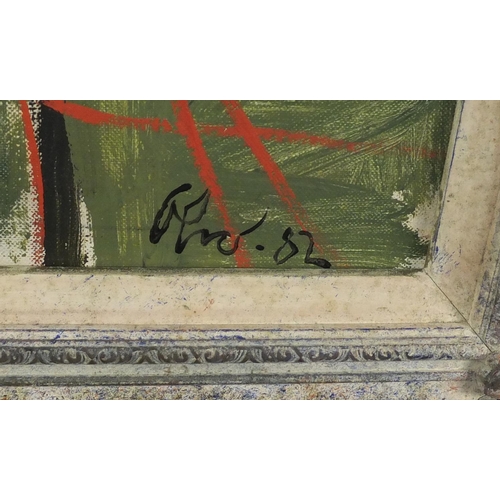 2459 - Abstract composition, oil on canvas, bearing an indistinct signature and inscription verso, mounted ... 