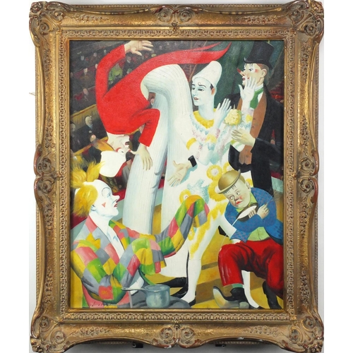 2096 - Circus performers, oil on board, bearing a signature Laura Knight and Art label verso, framed, 58cm ... 