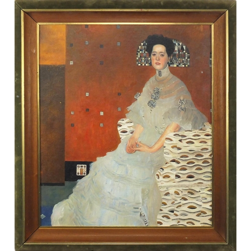 2100 - After Gustav Klimt - Female in an interior, oil on board, mounted and framed, 60cm x 49.5cm