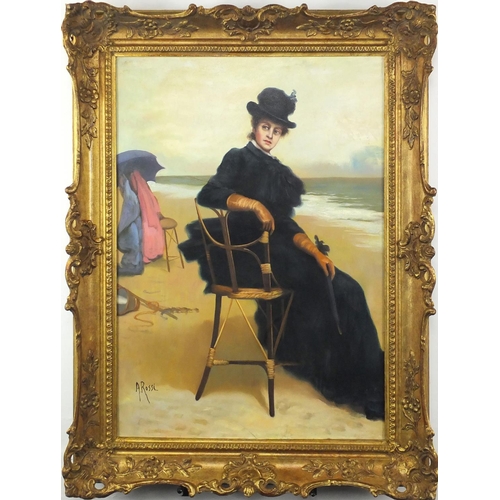 2412 - Portrait of a female seated on the shoreline, Italian school oil on board, bearing a signature A Ros... 