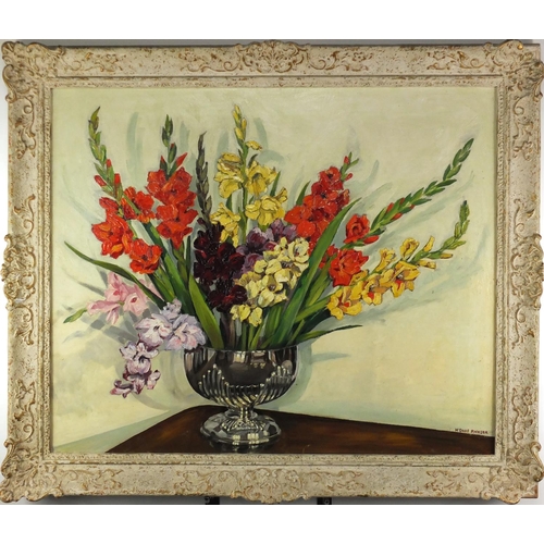 2493 - Manner H Davies Richter - Still life flowers in a rose bowl, oil on canvas, inscribed verso, framed,... 