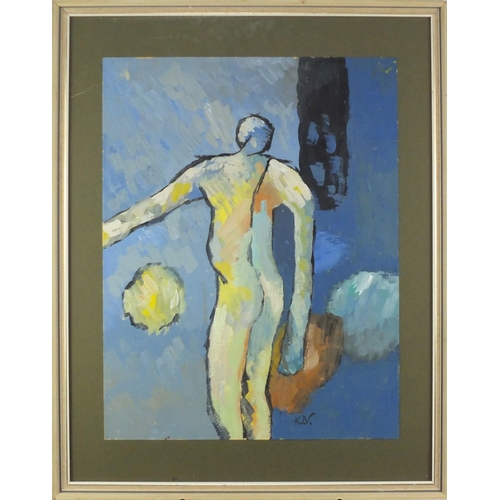 2289 - Portrait of a standing nude male, gouache on card, bearing a monogram KN, mounted and framed, 51cm x... 