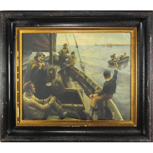 2491 - Fisherman just off shore, Newland school oil on board, bearing a signature C Hunter, mounted and fra... 