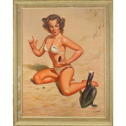 2098 - Portrait of a female wearing a bikini, American pin up school oil on canvas, bearing a signature Elv... 