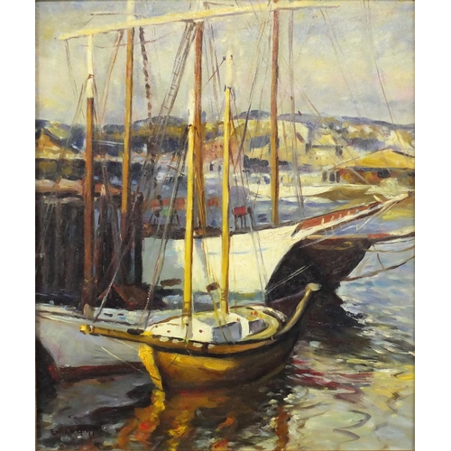 2099 - Boats exiting a harbour, America school oil on canvas, bearing a signature Emile A Grappe and inscri... 