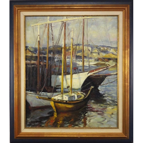 2099 - Boats exiting a harbour, America school oil on canvas, bearing a signature Emile A Grappe and inscri... 