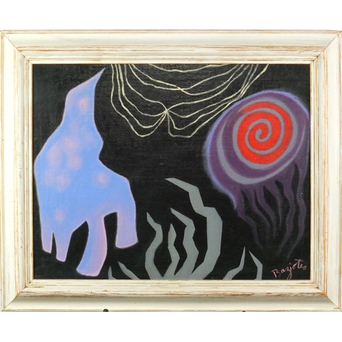 2354 - After William Baziotes - Biomorphic figures, oil on board, framed, 41cm x 31.5cm