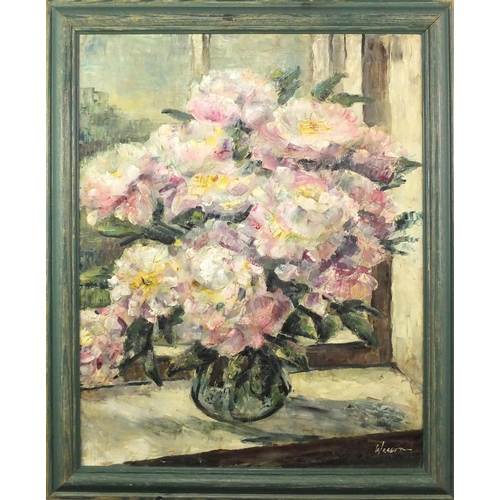 2488 - Still life flowers in a vase, oil on board, bearing a signature Wesson, framed, 49.5cm x 40cm