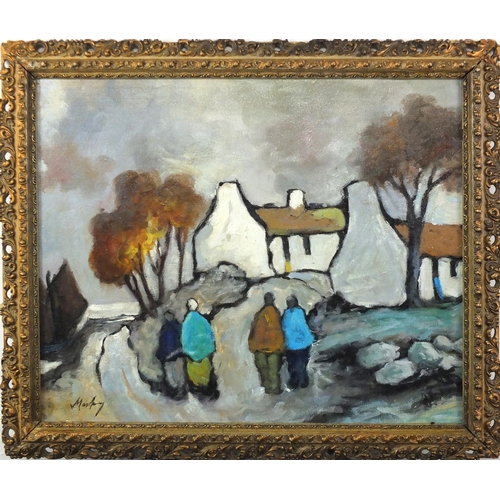 2214 - Figures before buildings by the sea, oil on canvas, bearing a signature possibly Markey, framed, 44c... 
