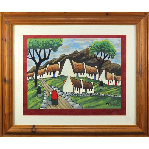 2413 - Figures before buildings, gouache on card, bearing a signature possibly Markey, mounted and framed, ... 