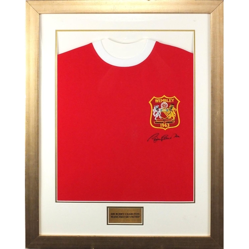 2221 - Manchester United 1963 football jersey, signed by Sir Bobby Charlton, mounted and framed, 48.5cm x 3... 