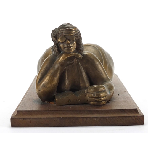 2308 - Artist proof bronze study of a semi nude female, by Gaean Doyle on wooden base, 37.5cm wide