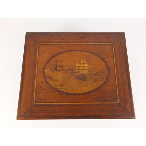 2210 - Italian Sorrento Ware sewing box, with lift out interior, parquetry decorated with a ship before a l... 