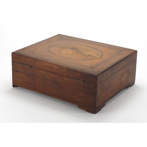 2210 - Italian Sorrento Ware sewing box, with lift out interior, parquetry decorated with a ship before a l... 