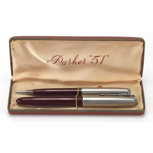 128 - Parker 51 fountain pen and pencil writing set with case