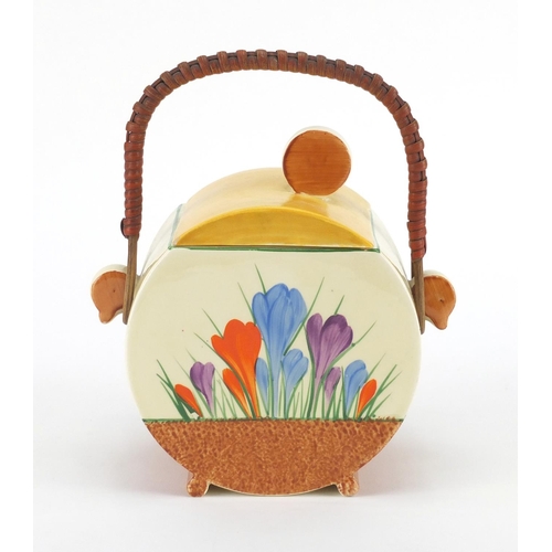 794 - Clarice Cliff Bizarre biscuit barrel and cover, hand painted in the crocus pattern, factory marks to... 