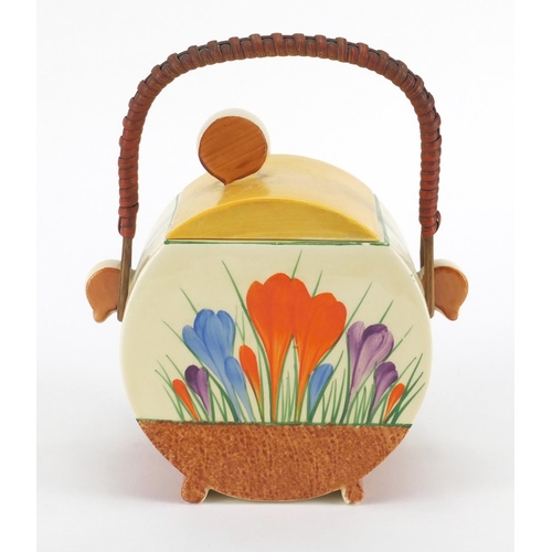 794 - Clarice Cliff Bizarre biscuit barrel and cover, hand painted in the crocus pattern, factory marks to... 