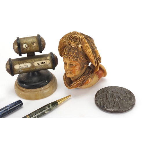 38 - Antique and later objects including a Meerschaum pipe bowl, Waterman's and Conway Stewart marbleised... 