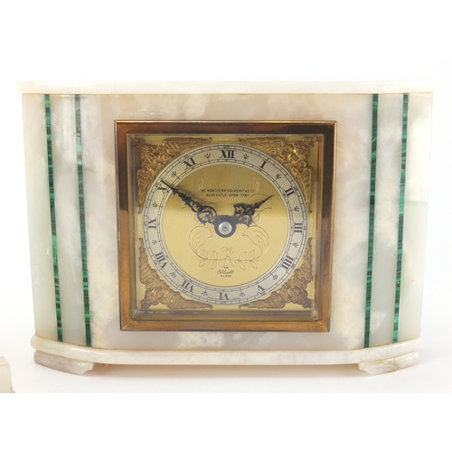 2181 - Alabaster and malachite Elliott Mantel clock, with silvered chapter ring, together with an Art Deco ... 