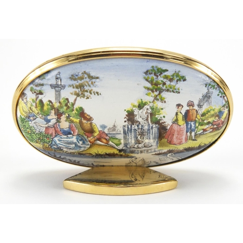 2475 - Halcyon Days enamel Watteau clock, with box and certificate, 7cm wide