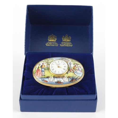 2475 - Halcyon Days enamel Watteau clock, with box and certificate, 7cm wide