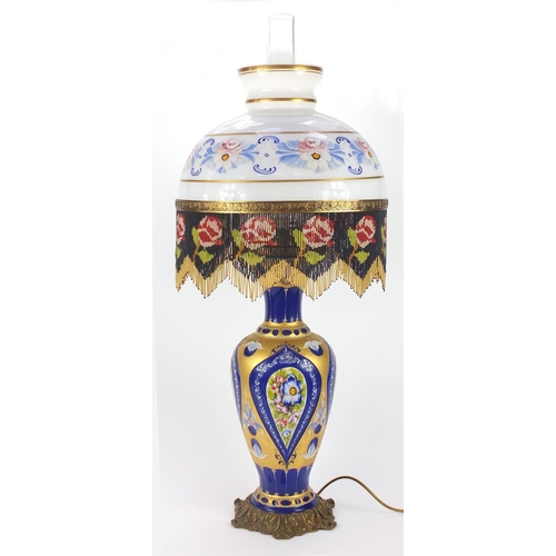 2093 - Large Murano hand painted glass lamp, with shade, 97cm high