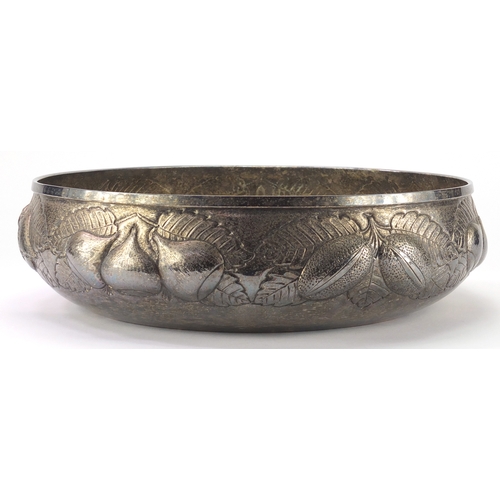 2130 - Large Christofle silver plated fruit bowl embossed with a continuous band of fruit and leaves, 44cm ... 