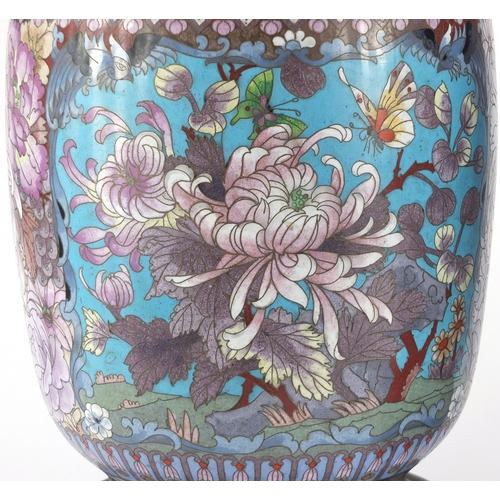 2171 - Large pair of Chinese cloisonné vases on hardwood stands, each enamelled with birds of Paradise and ... 