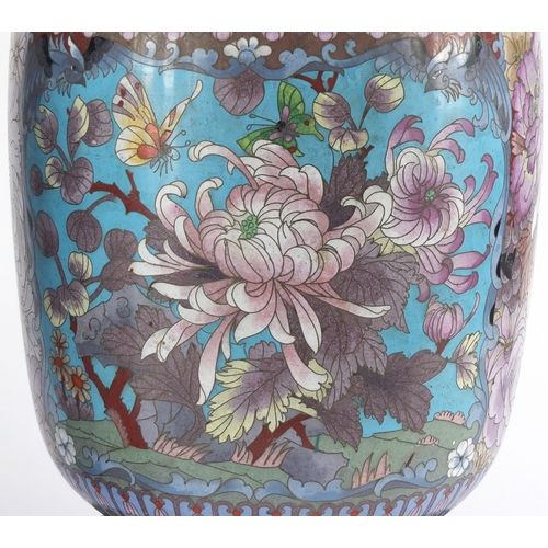 2171 - Large pair of Chinese cloisonné vases on hardwood stands, each enamelled with birds of Paradise and ... 