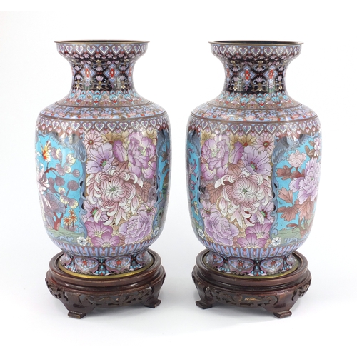 2171 - Large pair of Chinese cloisonné vases on hardwood stands, each enamelled with birds of Paradise and ... 