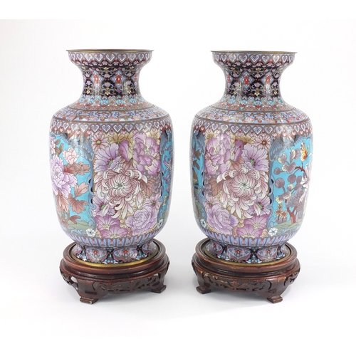 2171 - Large pair of Chinese cloisonné vases on hardwood stands, each enamelled with birds of Paradise and ... 