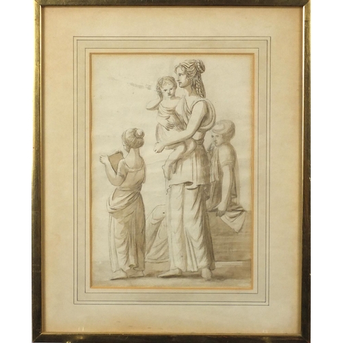 2284 - Mothers with children, 19th century Italian school Old Master pencil and wash, mounted and framed, 2... 