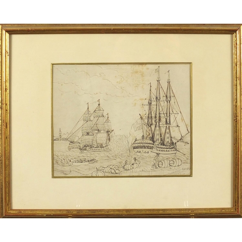 2287 - Attributed to Hamilton RI - Frigate and Three masters at the entrance to a harbour, 18th century mar... 