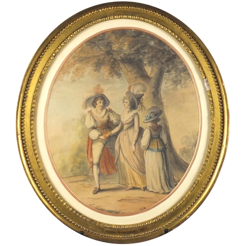 2292 - Attributed to Henry W Bunbury - Three figures beside a tree, early 19th century oval watercolour, mo... 