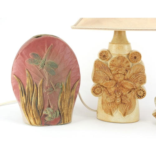 2299 - Bernard Rooke studio pottery including a table lamp and vase decorated in relief with dragonflies an... 