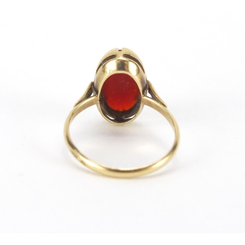 2650 - 14ct gold faceted cornelian ring, size P, approximate weight 3.7g