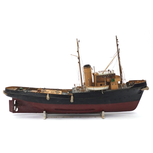 109 - 1940's scratch built model boat, Stormkin Devonport, on wooden stand, 56cm high x 102cm in length