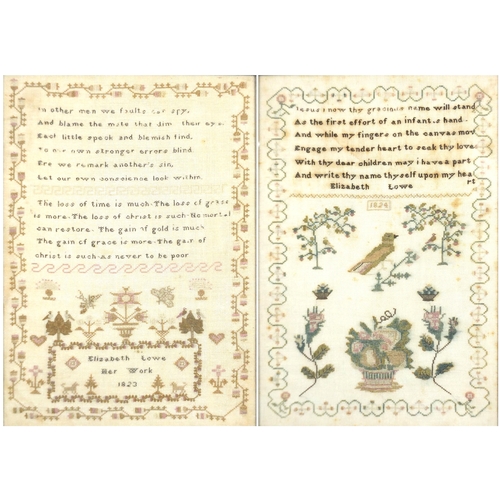 99 - Near pair of early 19th century needlework samplers, by Elizabeth Lowe, dated 1823 and 1824, framed,... 