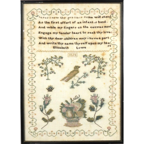 99 - Near pair of early 19th century needlework samplers, by Elizabeth Lowe, dated 1823 and 1824, framed,... 