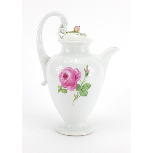 2397 - 19th century Meissen porcelain coffee pot, with swan neck handle, hand painted with roses, blue cros... 