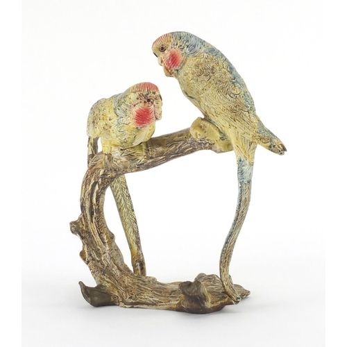 2463 - Cold painted bronze study of two budgies, 24.5cm high