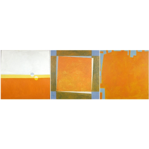 1356 - Abstract composition, triptych of three oil on boards, each bearing an indistinct inscriptions verso... 