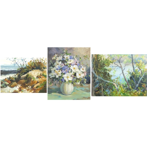 1354 - Violet Watson - Three oil on boards including one titled 'Coastal Scene, Tarau Thames Coast New Zeal... 