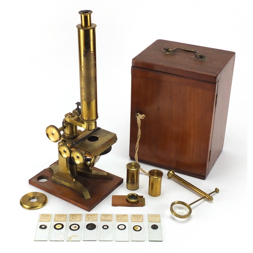 114 - 19th century adjsutable brass microscope with lenses and mahogany carrying case, by Stanley, Railway... 