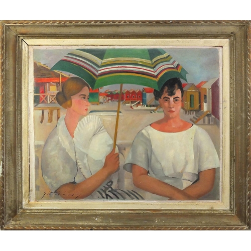 11 - Two figures before beach huts, French impressionist oil on board, bearing an indistinct signature  G... 