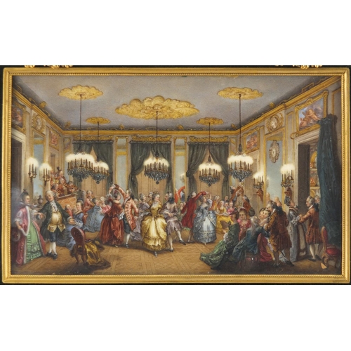 1 - Good 18th/19th ivory miniature hand painted with a Louis XV ballroom scene, housed in a rectangular ... 