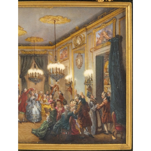 1 - Good 18th/19th ivory miniature hand painted with a Louis XV ballroom scene, housed in a rectangular ... 