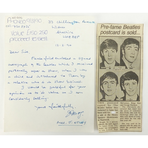 150 - The Beatles monochrome postcard personalised on the reverse and autographed in ink by John Lennon, R... 