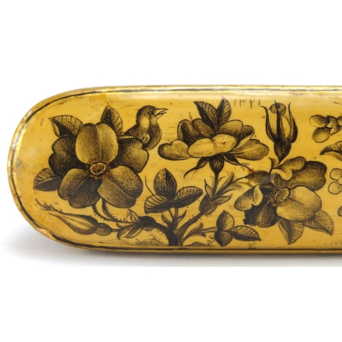 603 - 19th century Persian lacquered Qalamdan by Fathullah Shirazi, hand painted with birds amongst stylis... 