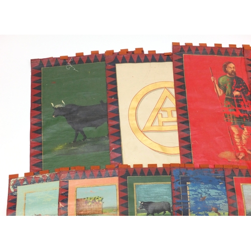 162A - Fifteen Masonic hand painted hangings, the largest 72c.5cm x 56cm